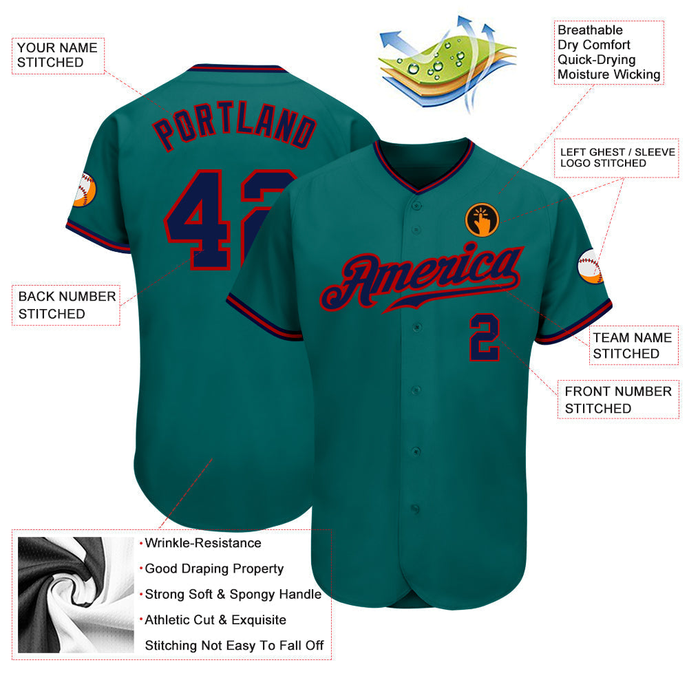 Custom Teal Navy-Red Authentic Baseball Jersey baseball jersey product view 3