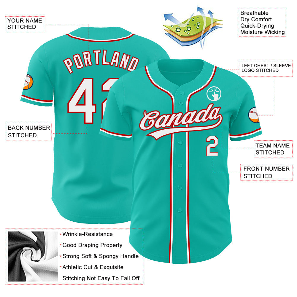 Custom Aqua White-Red Authentic Baseball Jersey baseball jersey product view 3