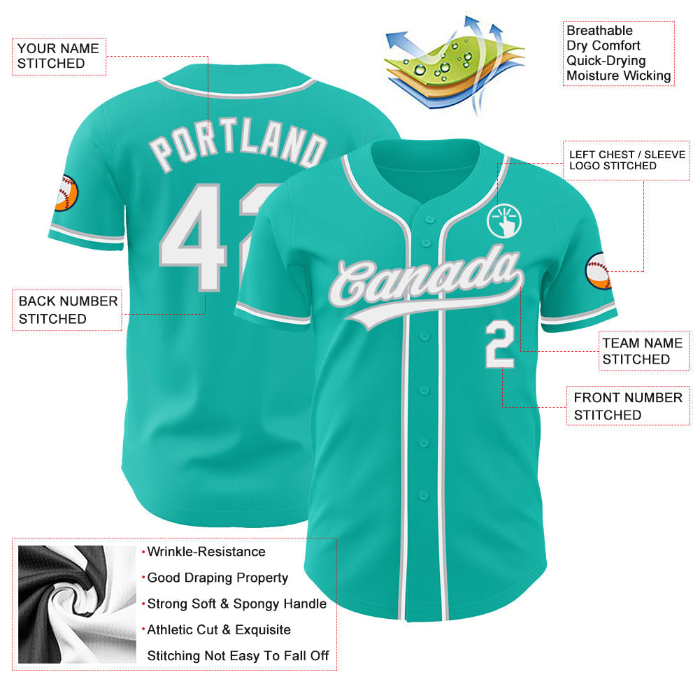Custom Aqua White-Gray Authentic Baseball Jersey baseball jersey product view 3