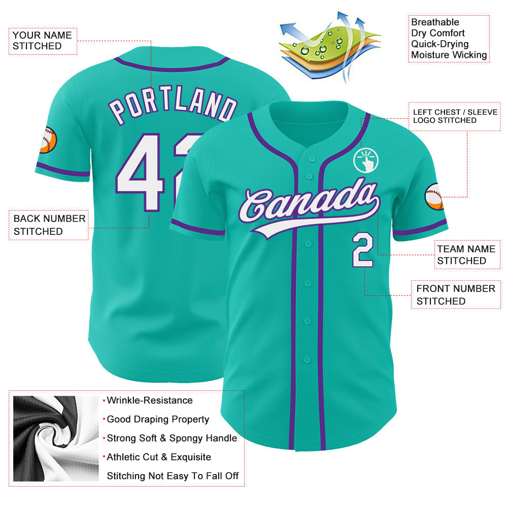 Custom Aqua White-Purple Authentic Baseball Jersey baseball jersey product view 3