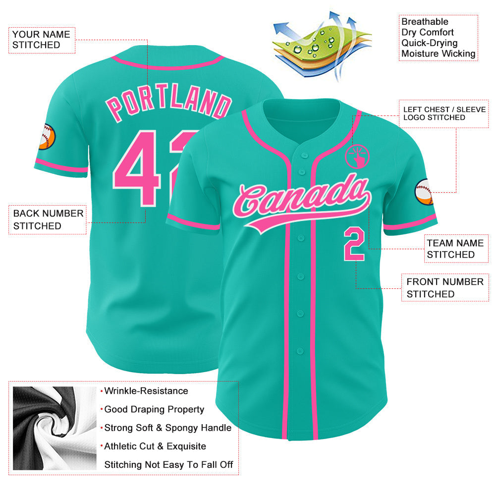 Custom Aqua Pink-White Authentic Baseball Jersey baseball jersey product view 4