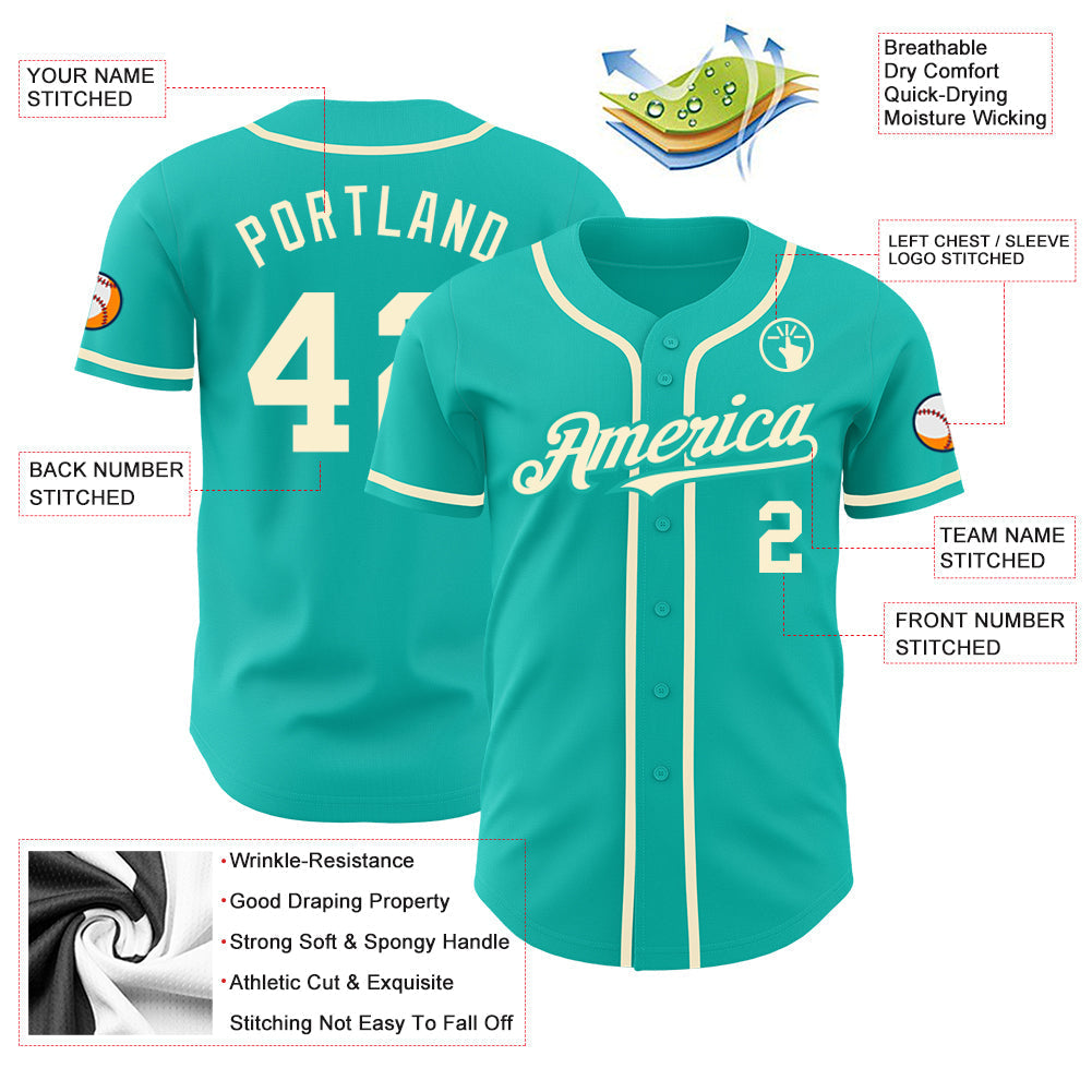 Custom Aqua Cream Authentic Baseball Jersey baseball jersey product view 3