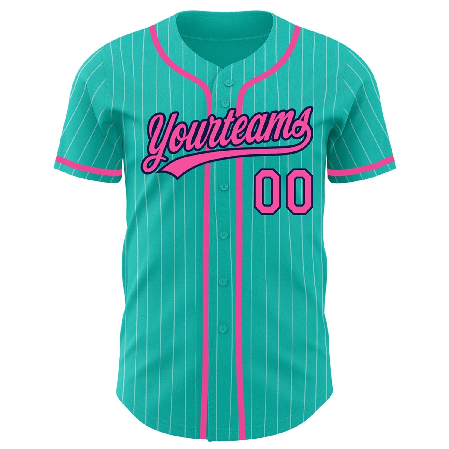 Custom Aqua White Pinstripe Pink-Navy Authentic Baseball Jersey baseball jersey product view 3