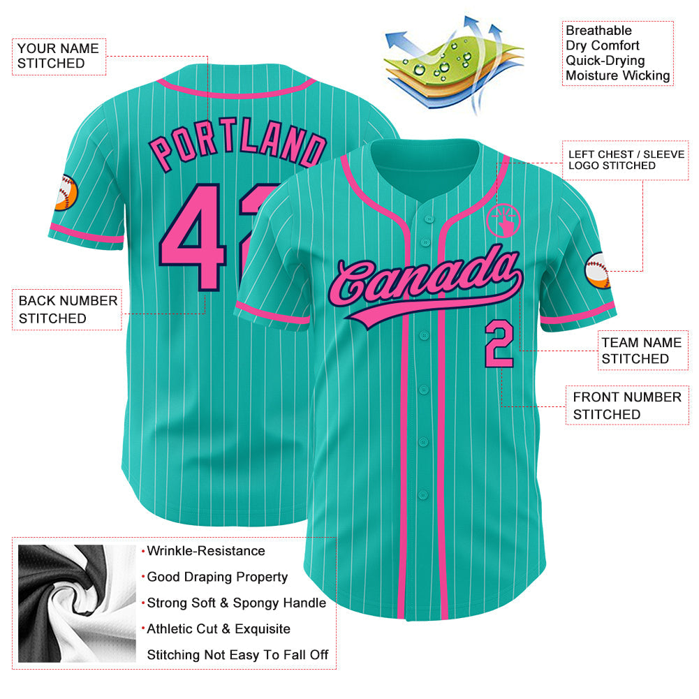Custom Aqua White Pinstripe Pink-Navy Authentic Baseball Jersey baseball jersey product view 4