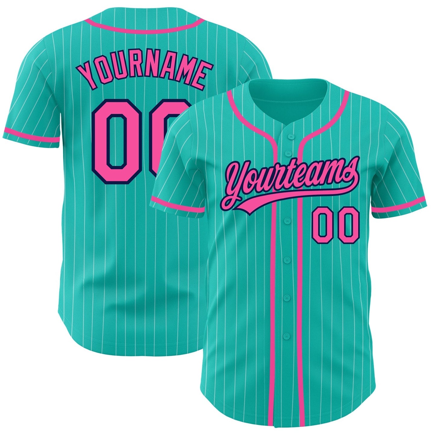 Custom Aqua White Pinstripe Pink-Navy Authentic Baseball Jersey baseball jersey product view 1