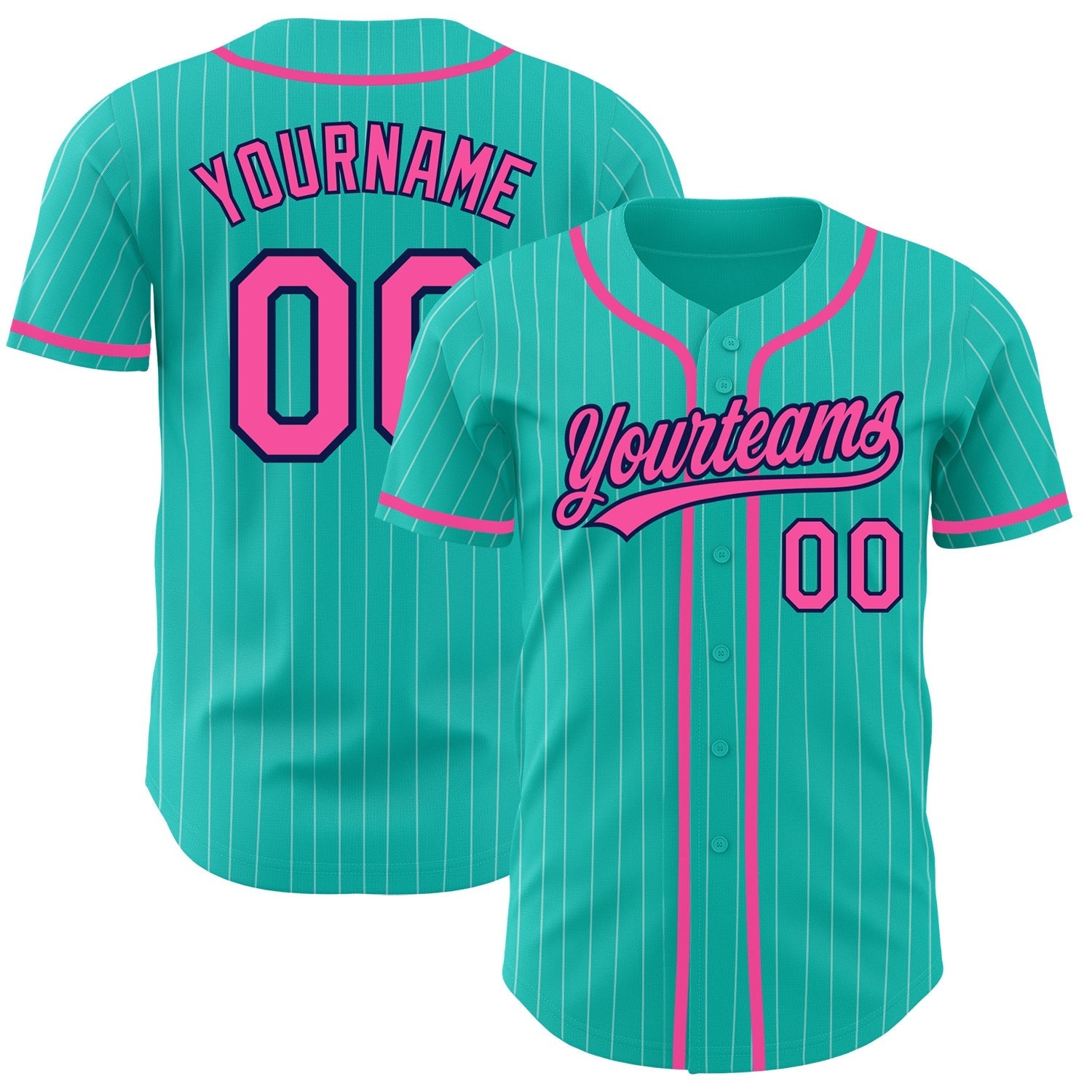 Custom Aqua White Pinstripe Pink-Navy Authentic Baseball Jersey baseball jersey product view 1