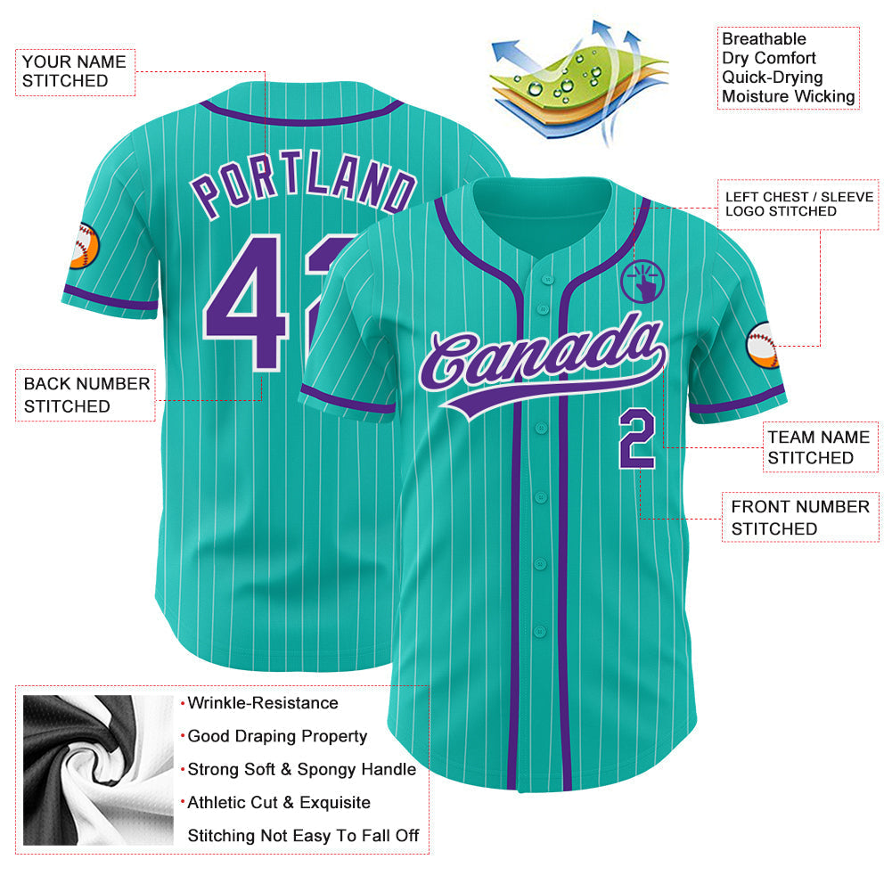 Custom Aqua White Pinstripe Purple Authentic Baseball Jersey baseball jersey product view 3