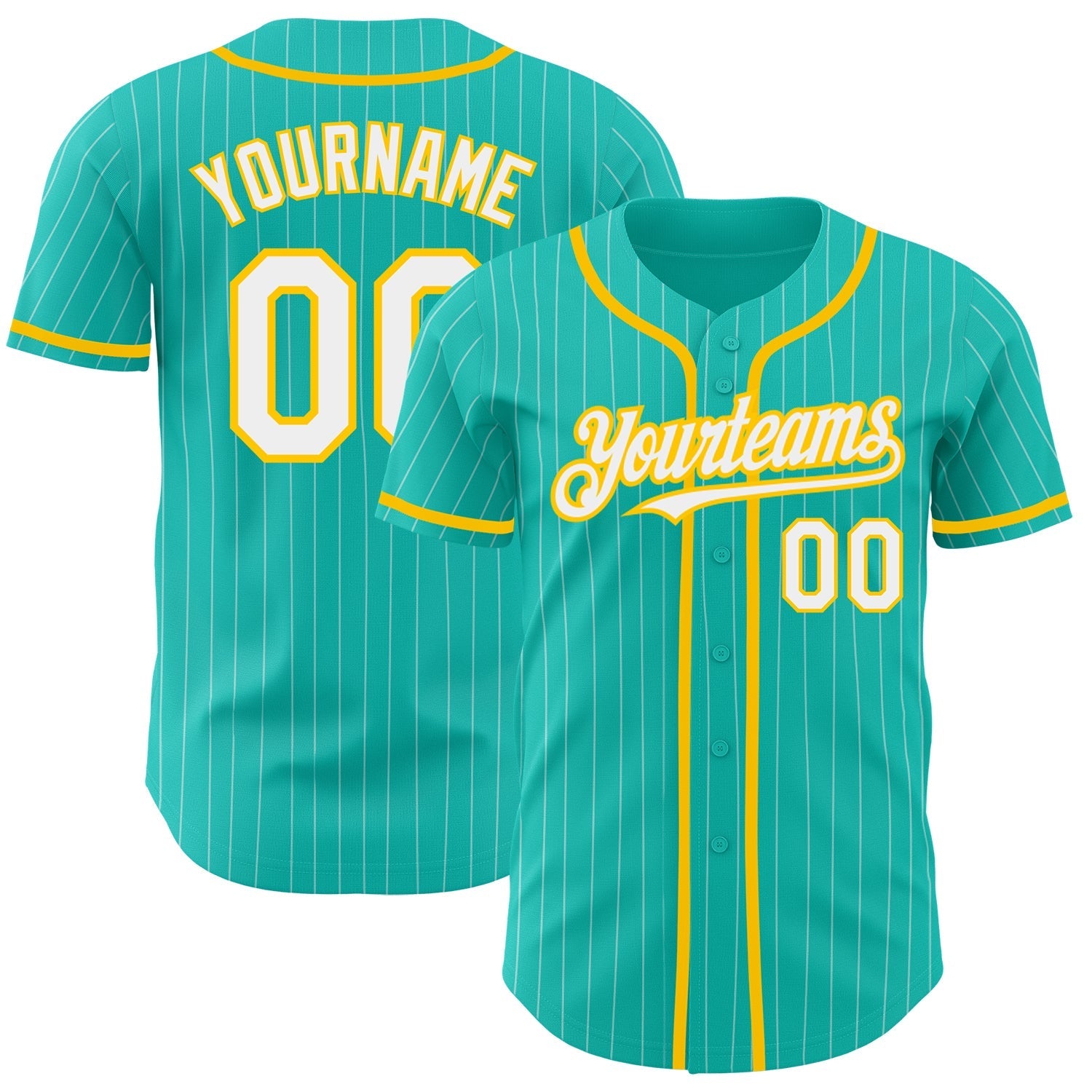 Custom Aqua White Pinstripe White-Yellow Authentic Baseball Jersey baseball jersey product view 1