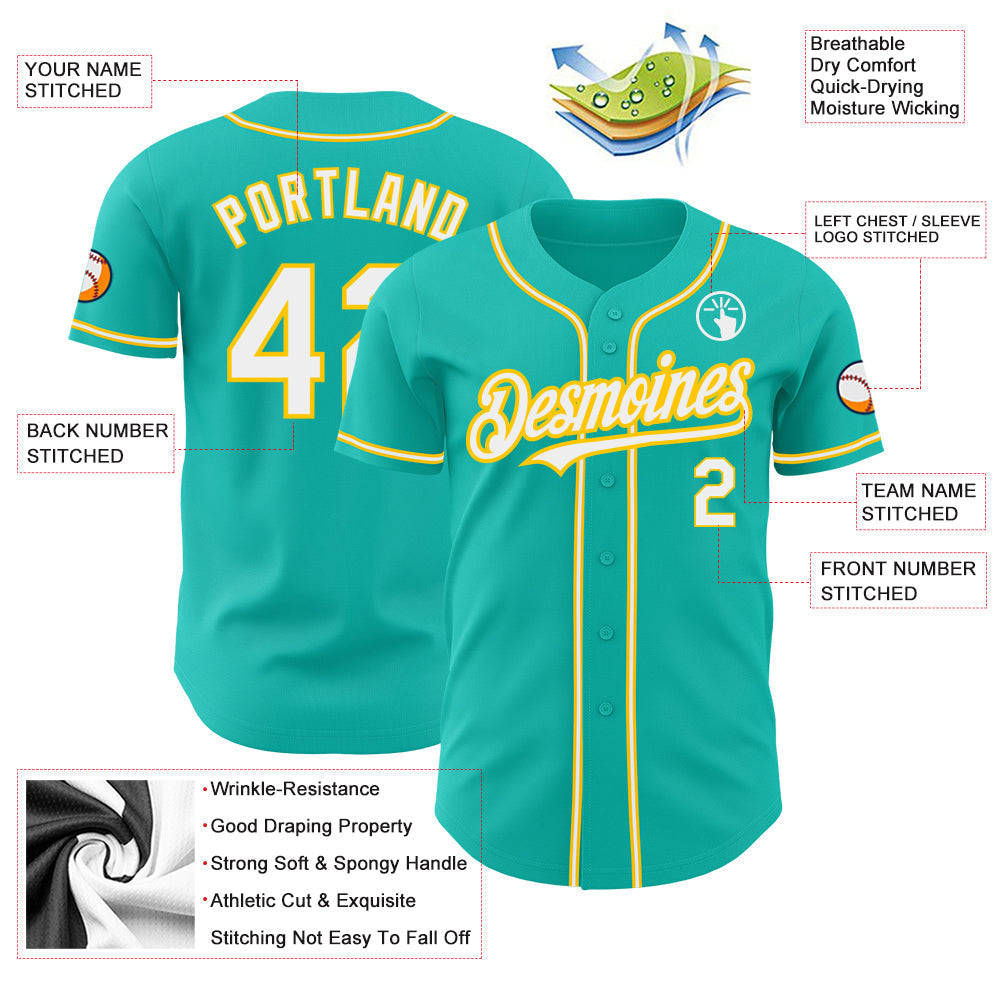 Custom Aqua White-Yellow Authentic Baseball Jersey baseball jersey product view 3