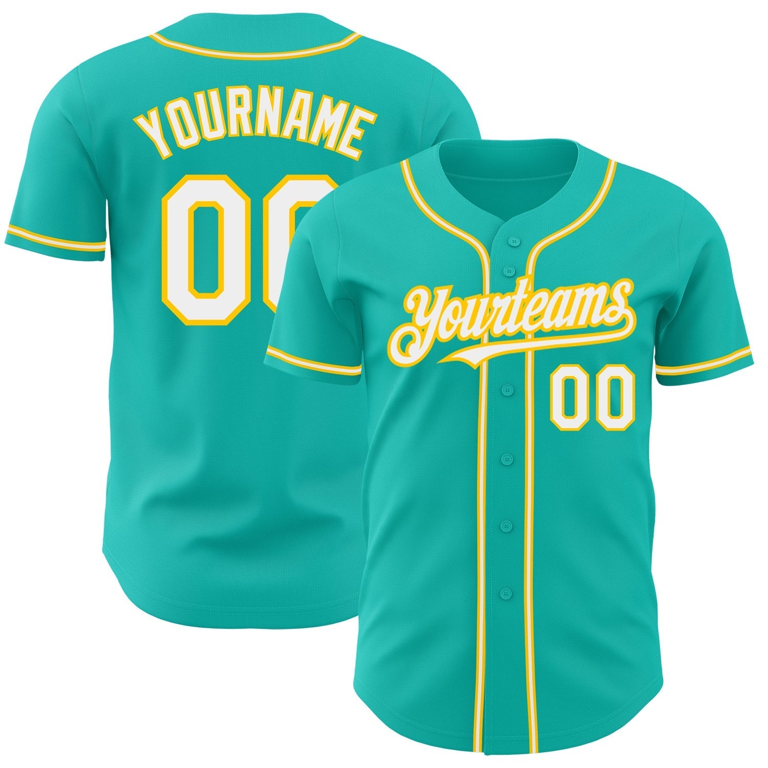 Custom Aqua White-Yellow Authentic Baseball Jersey baseball jersey product view 1