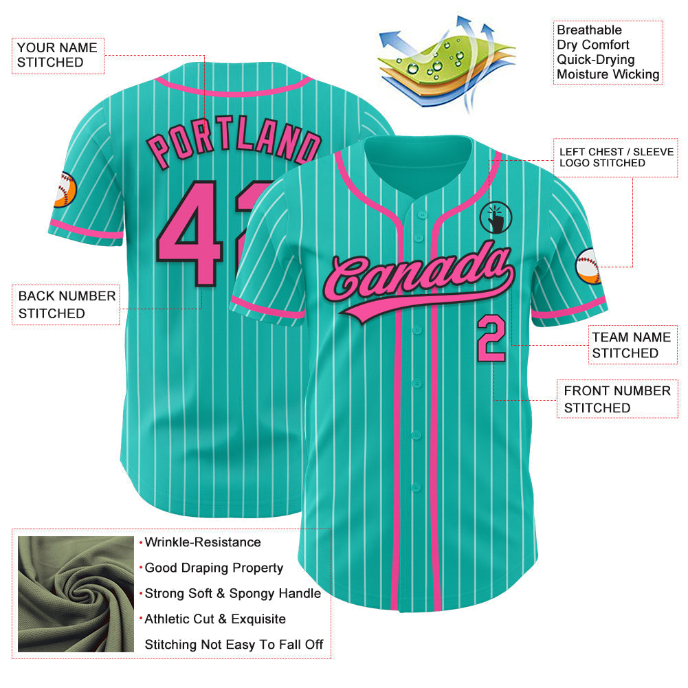 Custom Aqua White Pinstripe Pink-Black Authentic Baseball Jersey baseball jersey product view 3