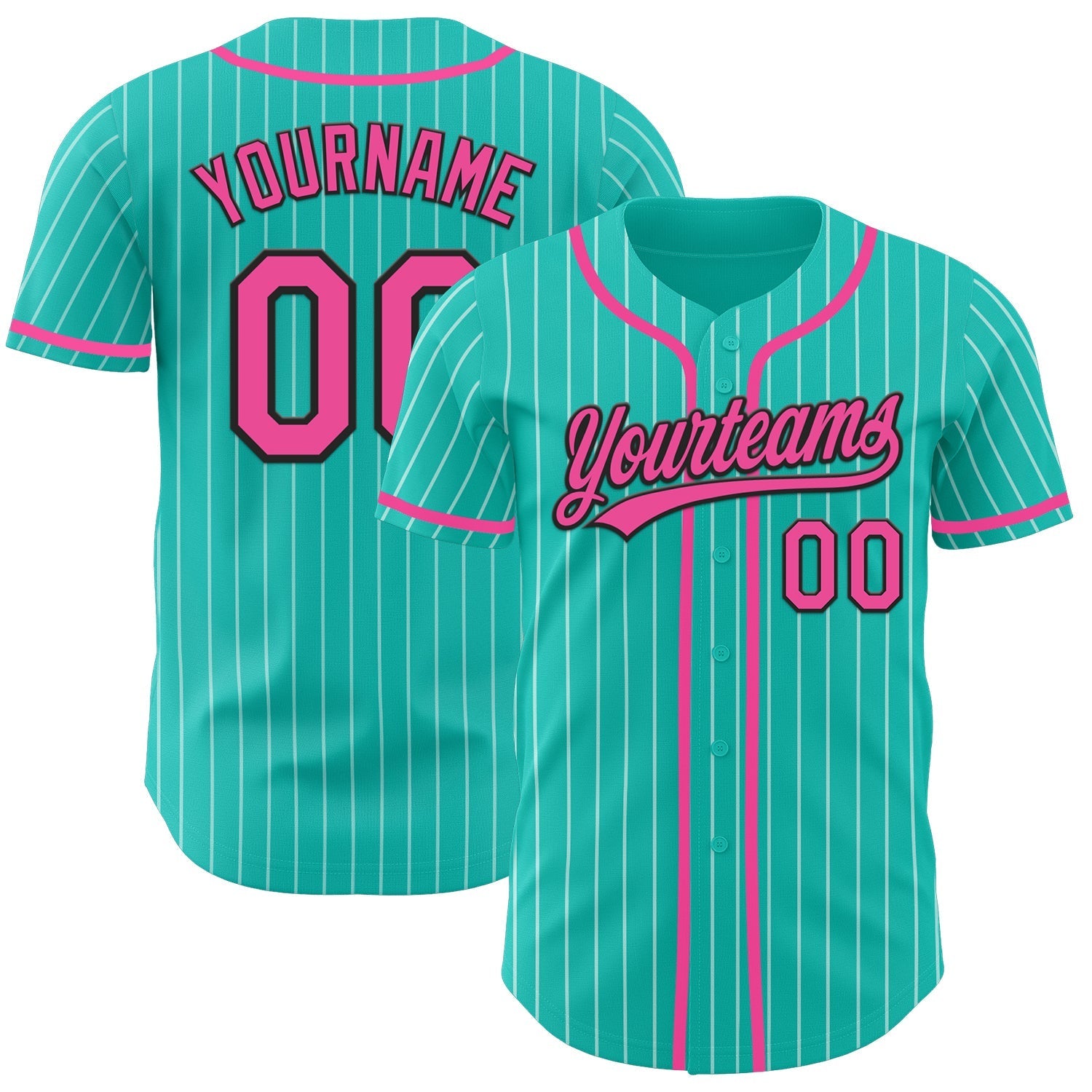 Custom Aqua White Pinstripe Pink-Black Authentic Baseball Jersey baseball jersey product view 1