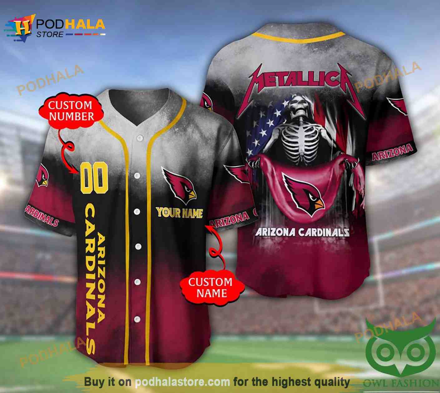 Arizona Cardinals 3D Personalized Name Number Metallica 3D Baseball Jersey baseball jersey product view 1