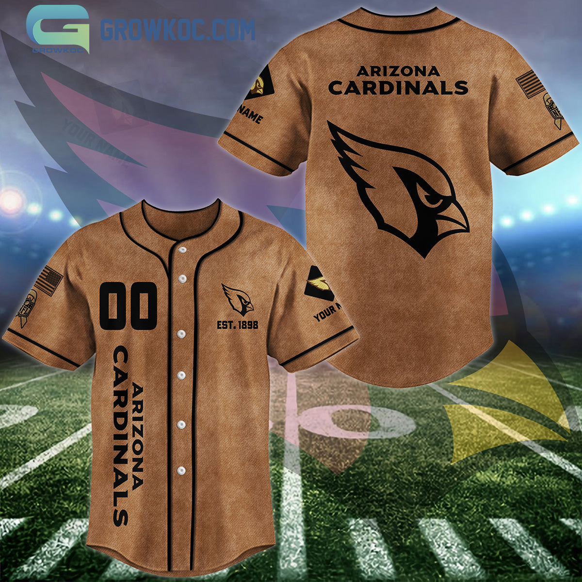 Arizona Cardinals Brown American Flag Personalized Baseball Jersey baseball jersey product view 1