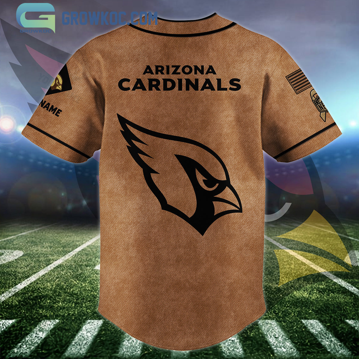Arizona Cardinals Brown American Flag Personalized Baseball Jersey baseball jersey product view 2