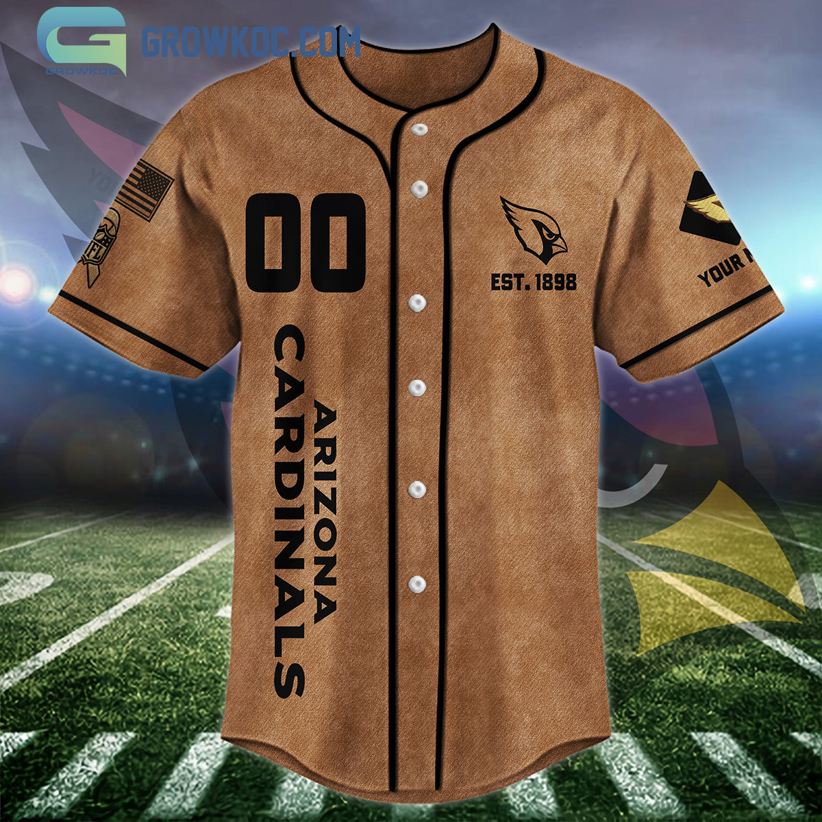 Arizona Cardinals Brown American Flag Personalized Baseball Jersey baseball jersey product view 3