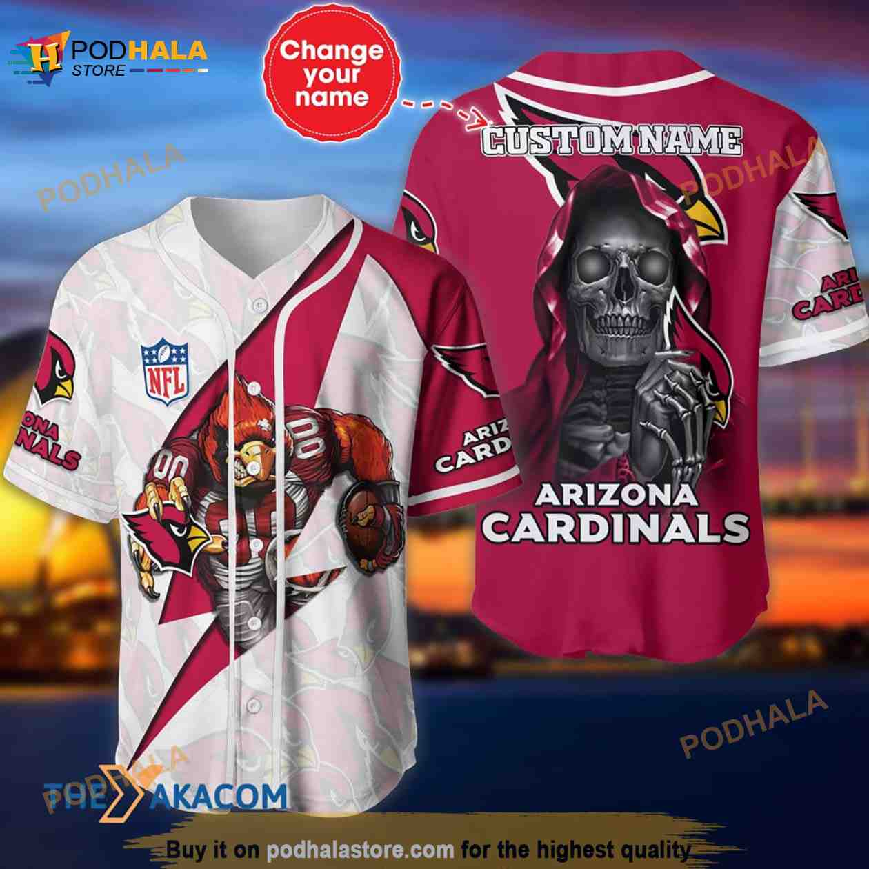 Arizona Cardinals Skull Pattern Personalized Custom Name 3D Baseball Jersey Shirt baseball jersey product view 1
