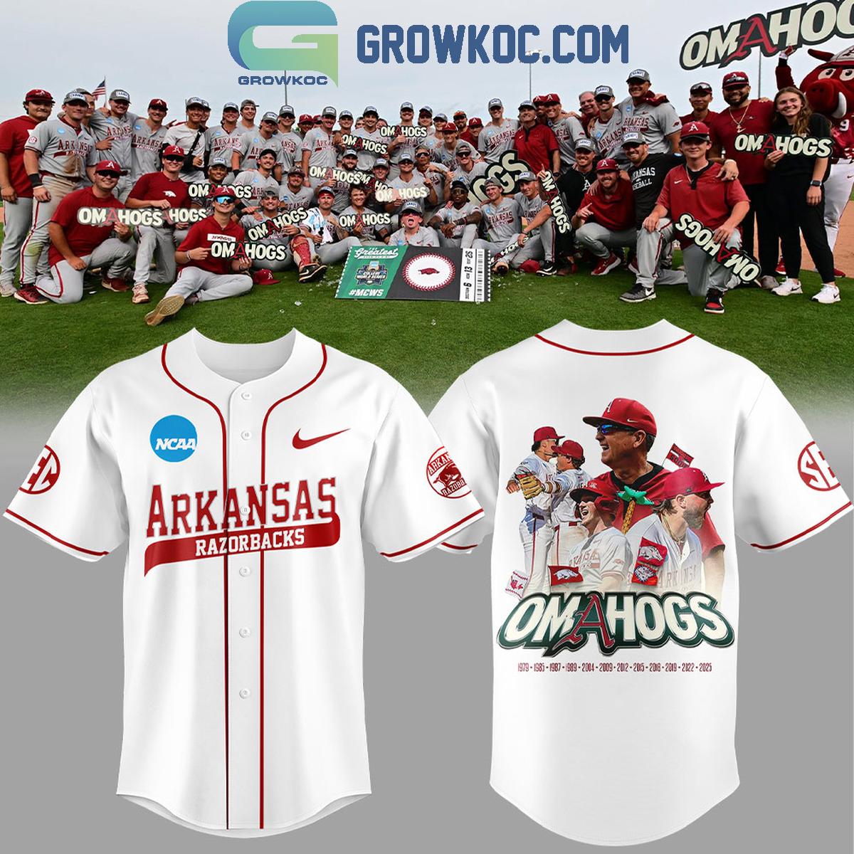 Arkansas Razorbacks Omahogs Champions White Baseball Jersey baseball jersey product view 1