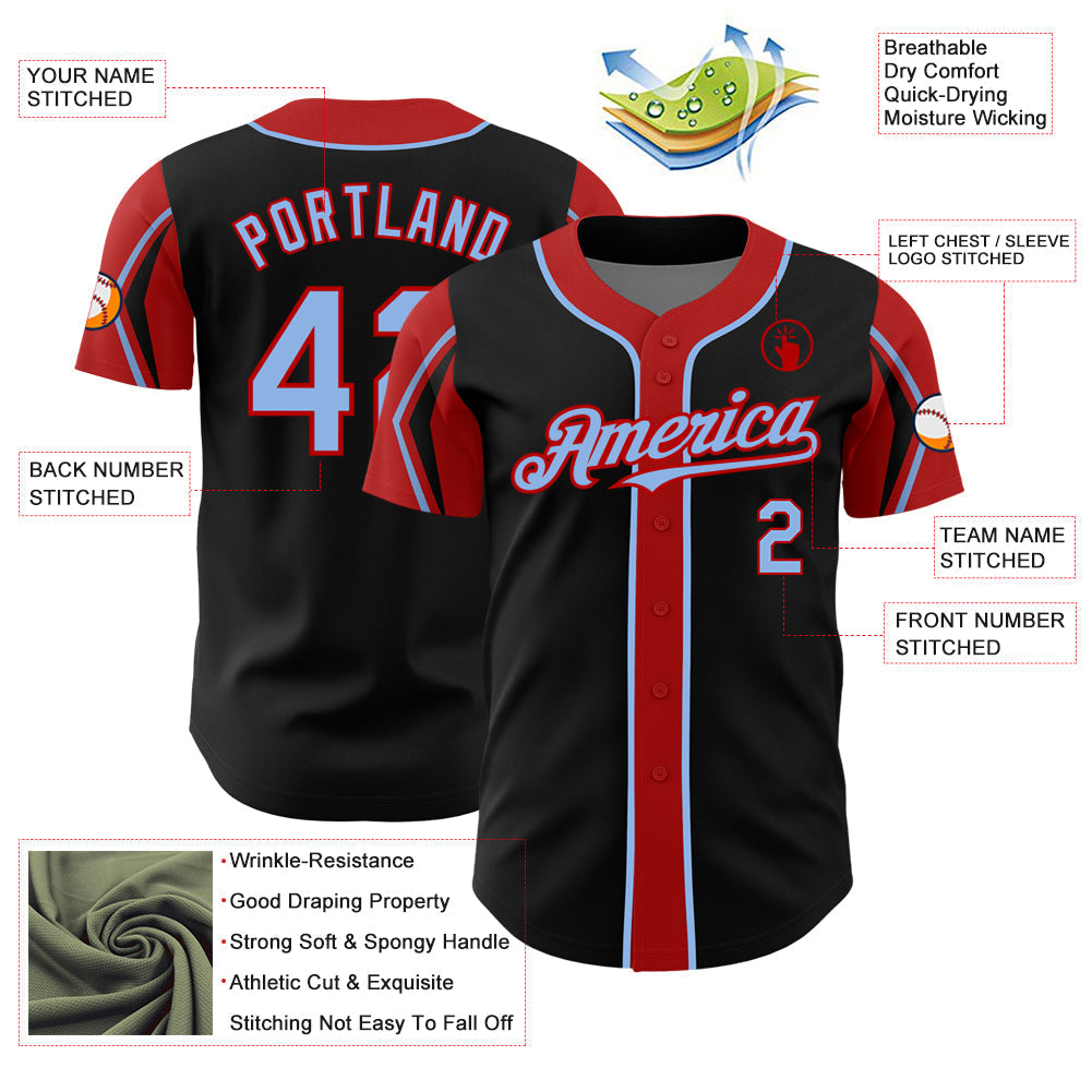 Custom Black Light Blue-Red 3 Colors Arm Shapes Authentic Baseball Jersey baseball jersey product view 4
