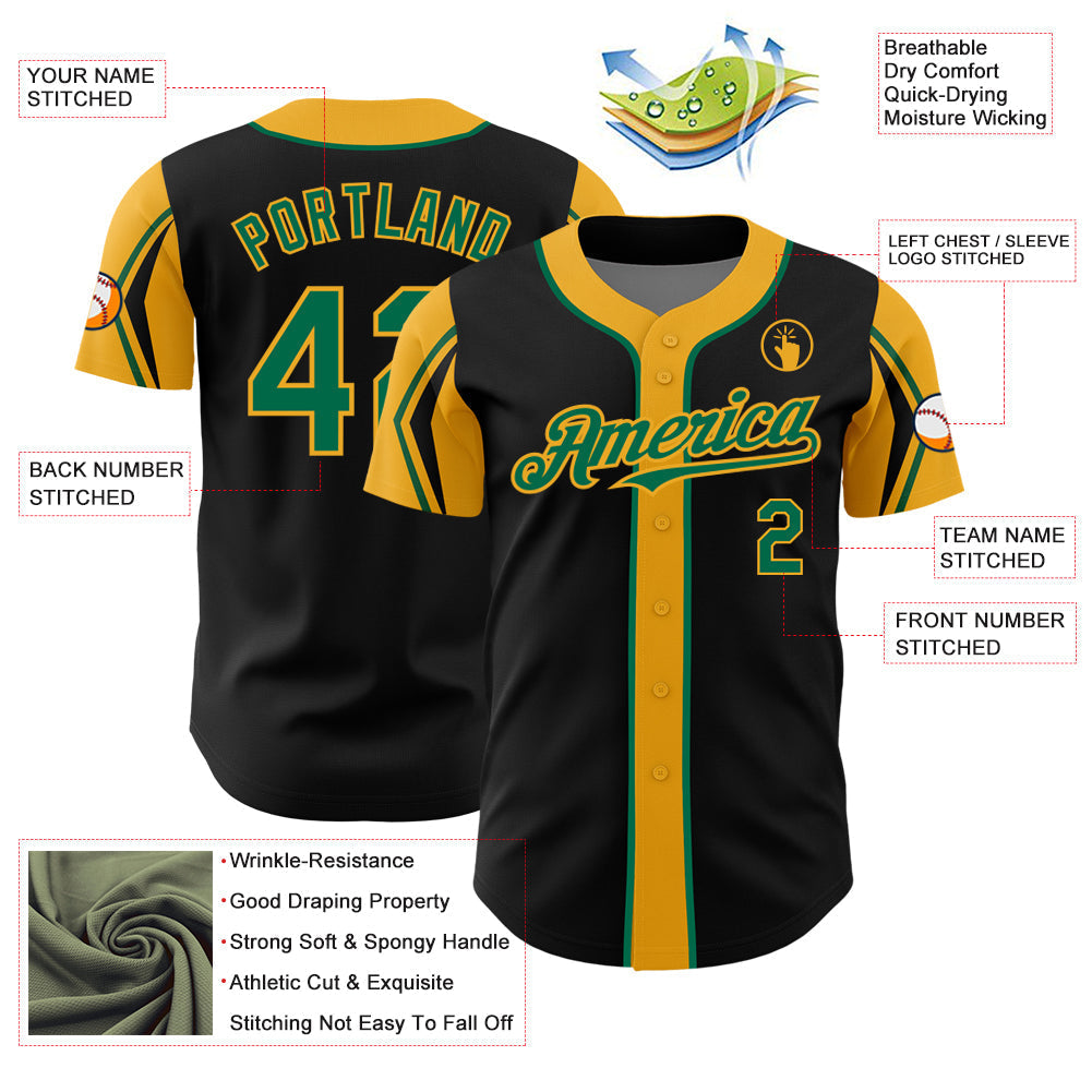 Custom Black Kelly Green-Gold 3 Colors Arm Shapes Authentic Baseball Jersey baseball jersey product view 4