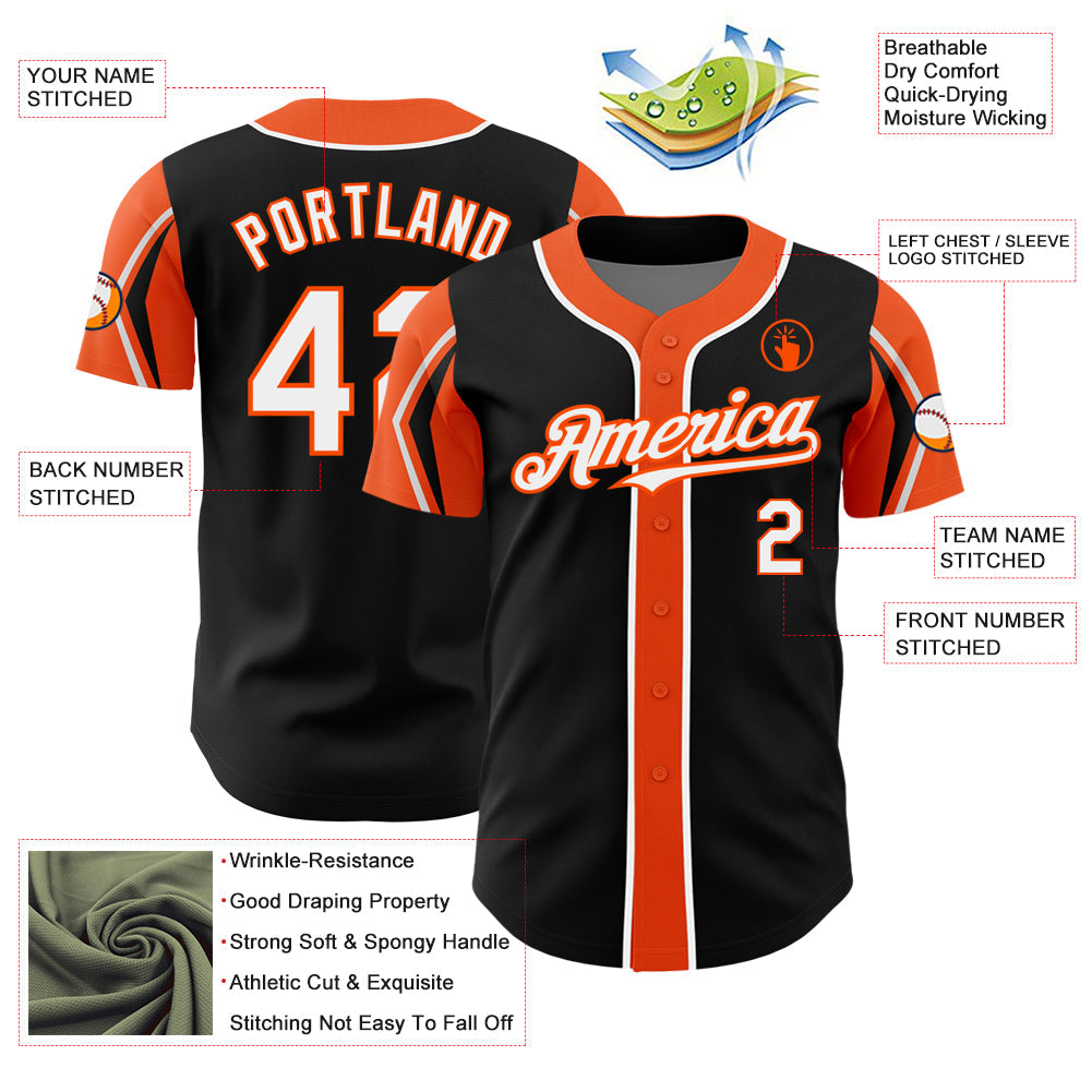 Custom Black White-Orange 3 Colors Arm Shapes Authentic Baseball Jersey baseball jersey product view 4