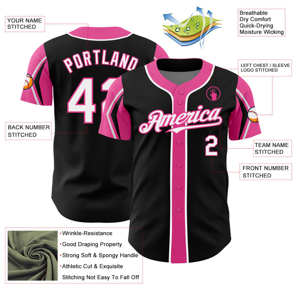 Custom Black White-Pink 3 Colors Arm Shapes Authentic Baseball Jersey baseball jersey product view 4