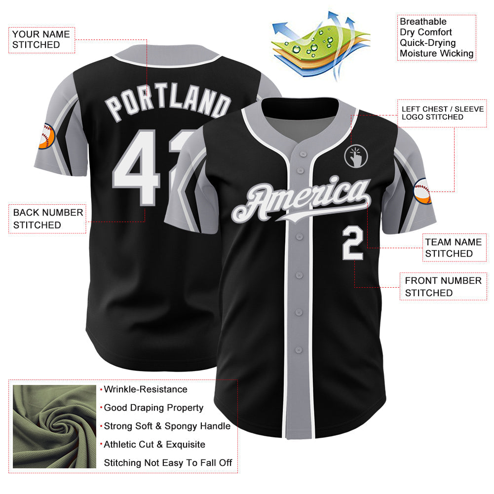 Custom Black White-Gray 3 Colors Arm Shapes Authentic Baseball Jersey baseball jersey product view 4
