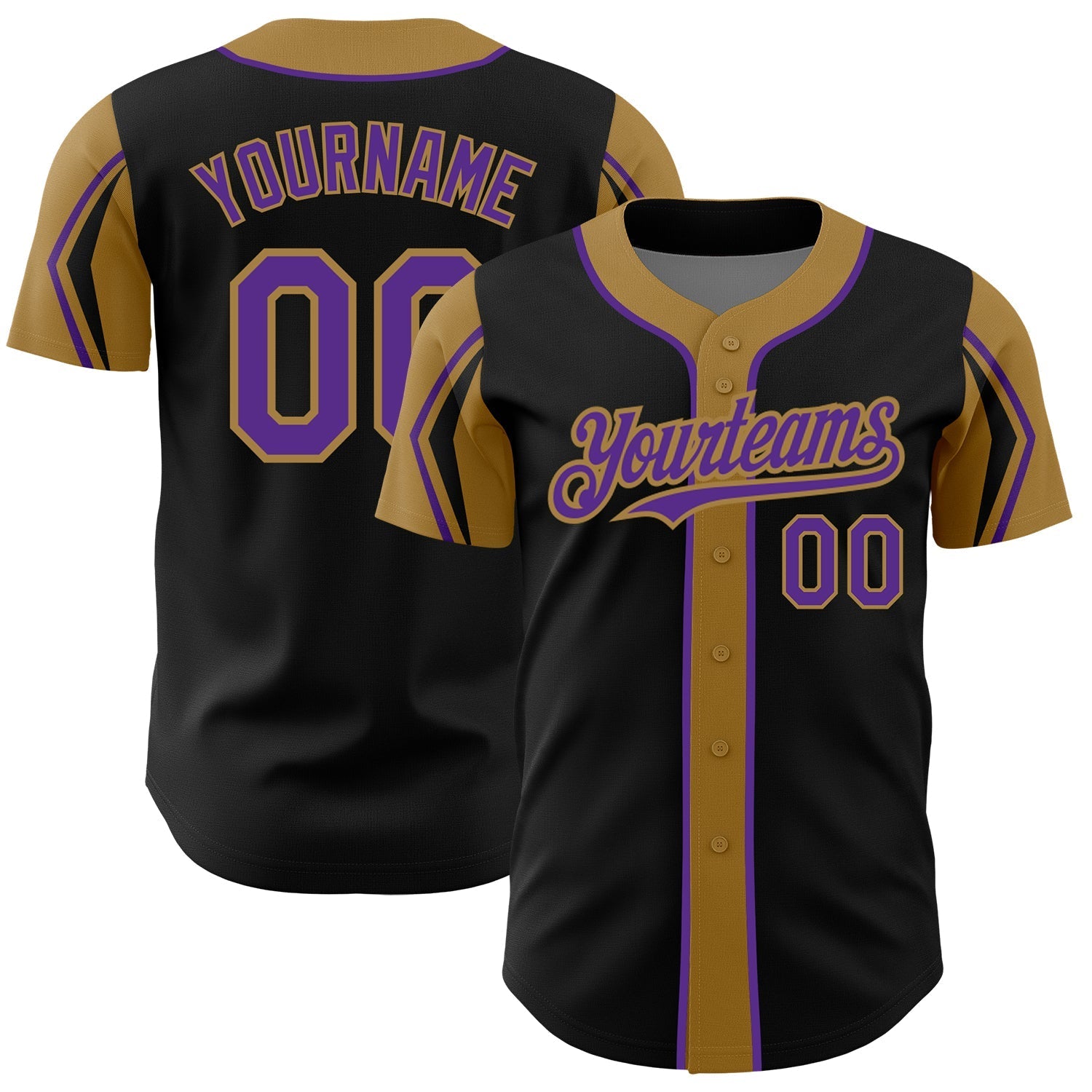 Custom Black Purple-Old Gold 3 Colors Arm Shapes Authentic Baseball Jersey baseball jersey product view 1