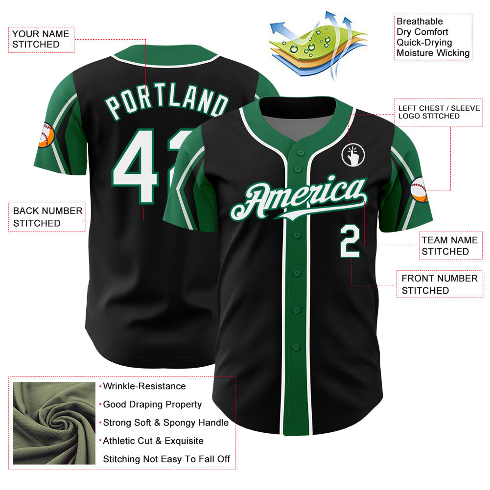 Custom Black White-Kelly Green 3 Colors Arm Shapes Authentic Baseball Jersey baseball jersey product view 4