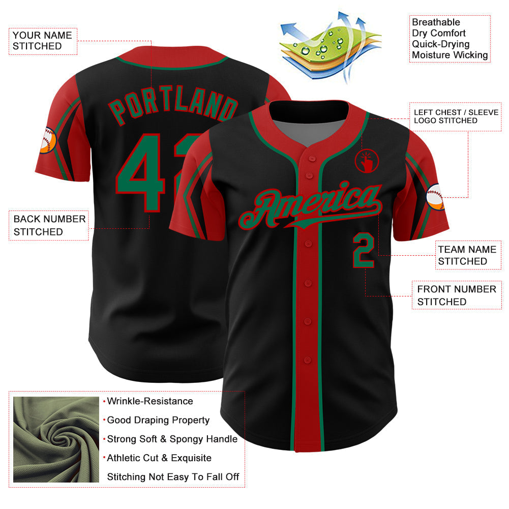 Custom Black Kelly Green-Red 3 Colors Arm Shapes Authentic Baseball Jersey baseball jersey product view 4