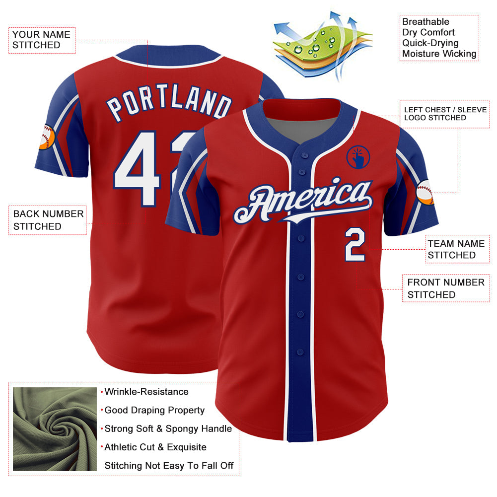 Custom Red White-Royal 3 Colors Arm Shapes Authentic Baseball Jersey baseball jersey product view 4