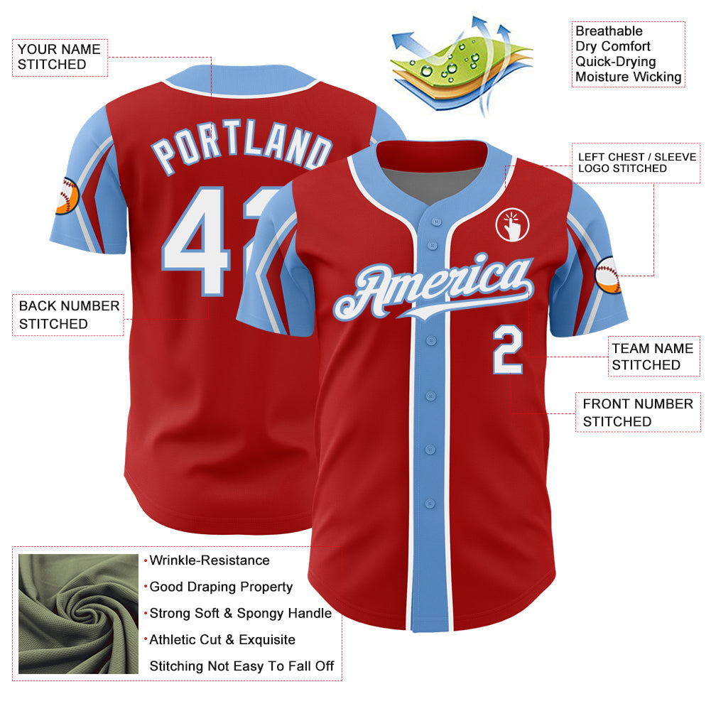 Custom Red White-Light Blue 3 Colors Arm Shapes Authentic Baseball Jersey baseball jersey product view 4