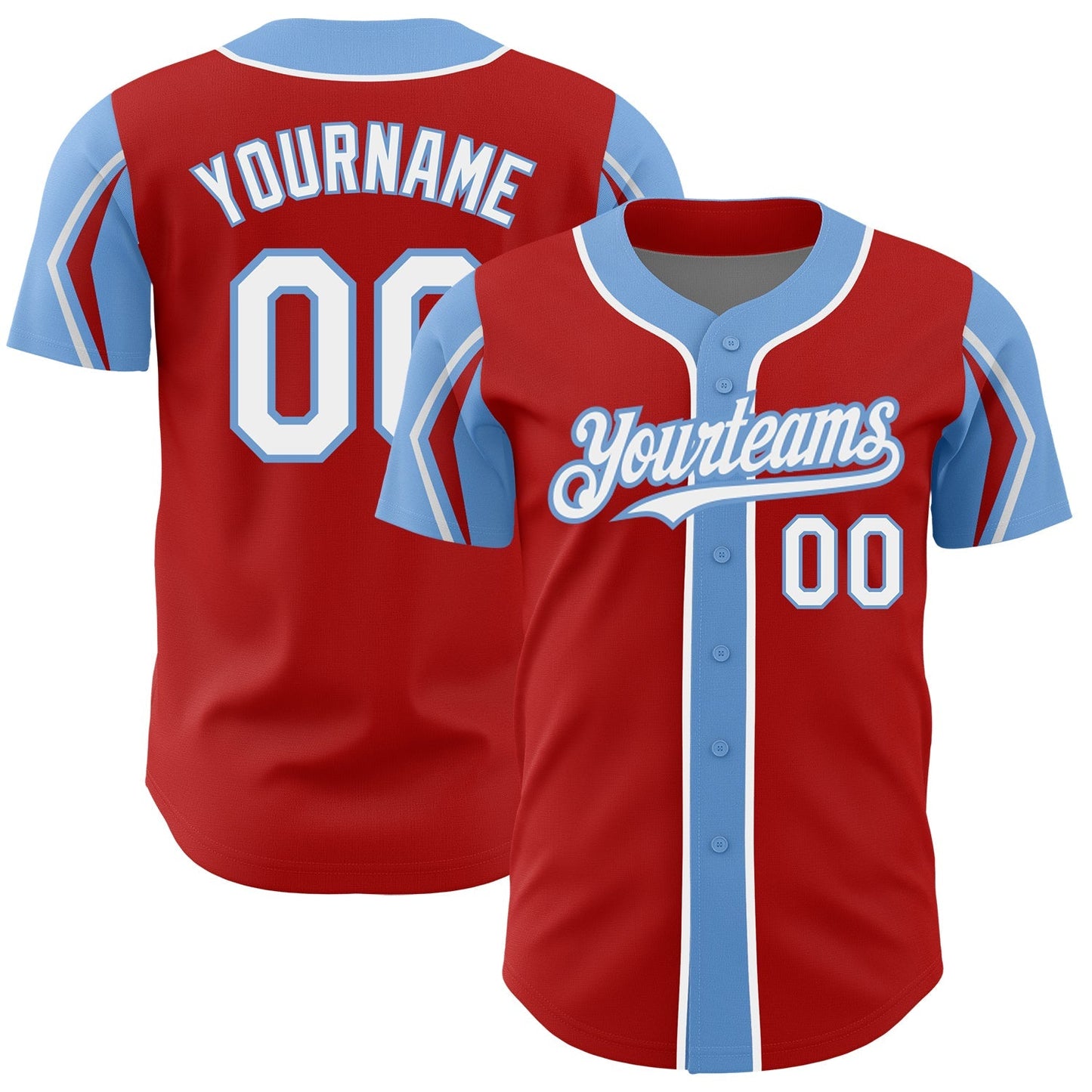 Custom Red White-Light Blue 3 Colors Arm Shapes Authentic Baseball Jersey baseball jersey product view 1