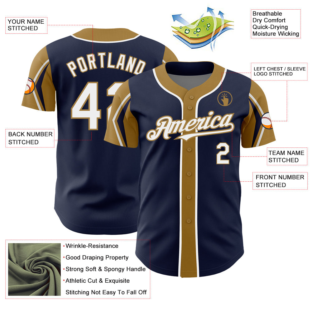 Custom Navy White-Old Gold 3 Colors Arm Shapes Authentic Baseball Jersey baseball jersey product view 4
