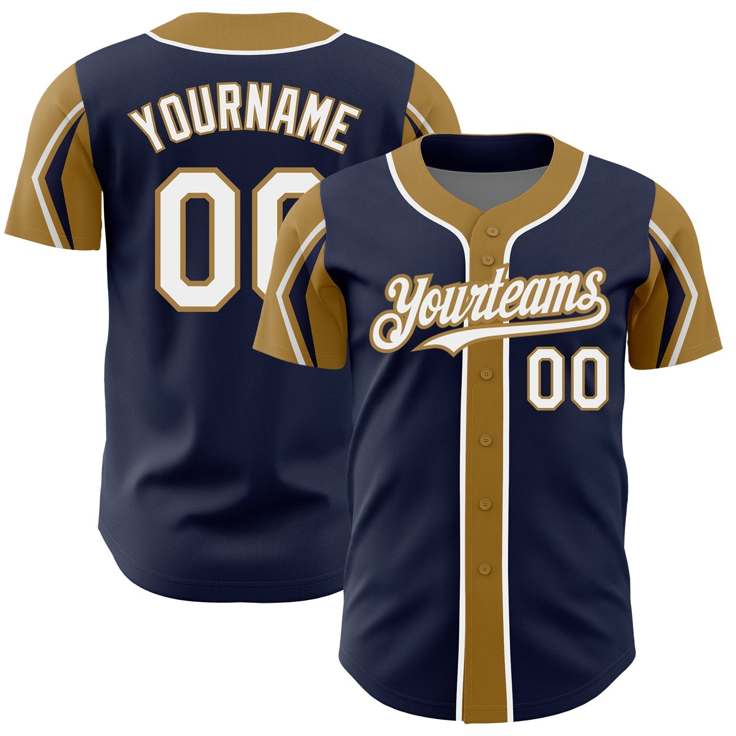Custom Navy White-Old Gold 3 Colors Arm Shapes Authentic Baseball Jersey baseball jersey product view 1