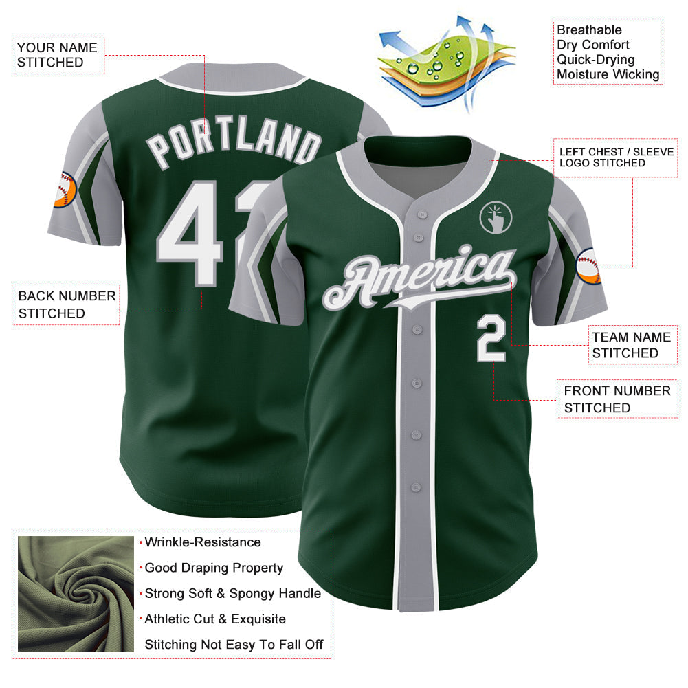 Custom Green White-Gray 3 Colors Arm Shapes Authentic Baseball Jersey baseball jersey product view 4