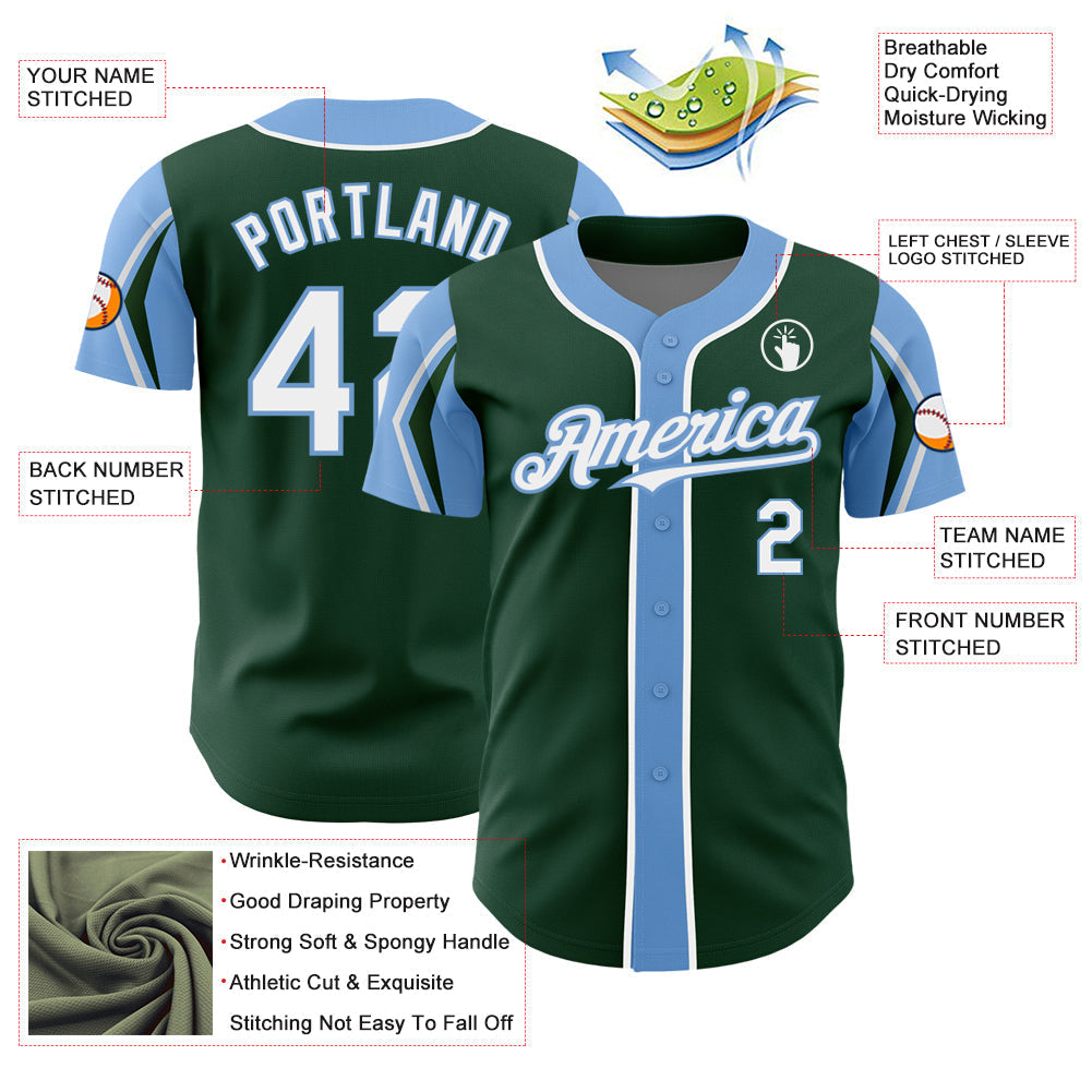 Custom Green White-Light Blue 3 Colors Arm Shapes Authentic Baseball Jersey baseball jersey product view 4