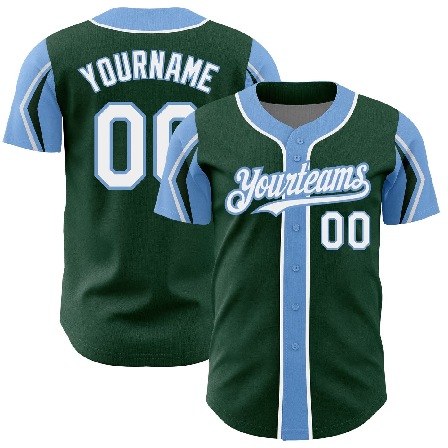 Custom Green White-Light Blue 3 Colors Arm Shapes Authentic Baseball Jersey baseball jersey product view 1