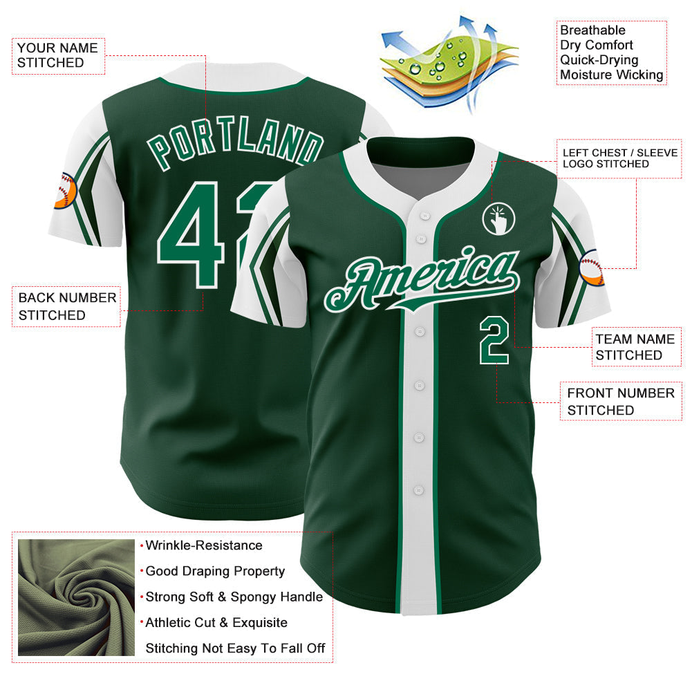 Custom Green Kelly Green-White 3 Colors Arm Shapes Authentic Baseball Jersey baseball jersey product view 4