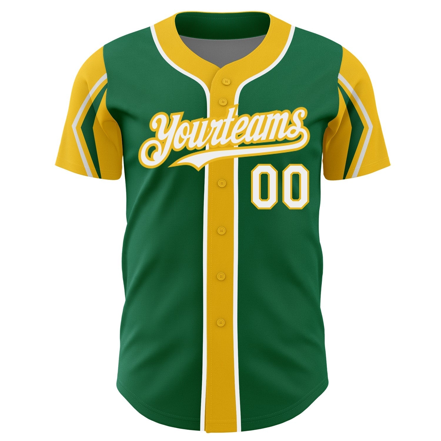 Custom Kelly Green White-Yellow 3 Colors Arm Shapes Authentic Baseball Jersey baseball jersey product view 3