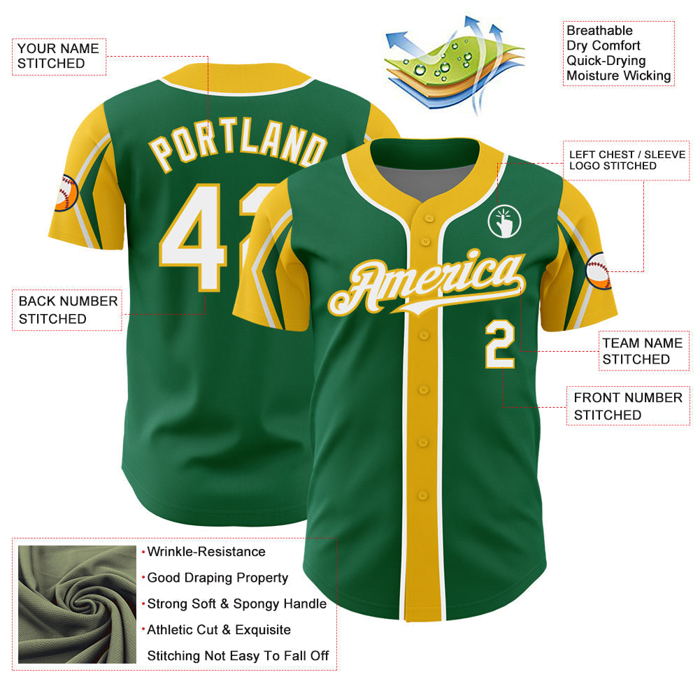 Custom Kelly Green White-Yellow 3 Colors Arm Shapes Authentic Baseball Jersey baseball jersey product view 4