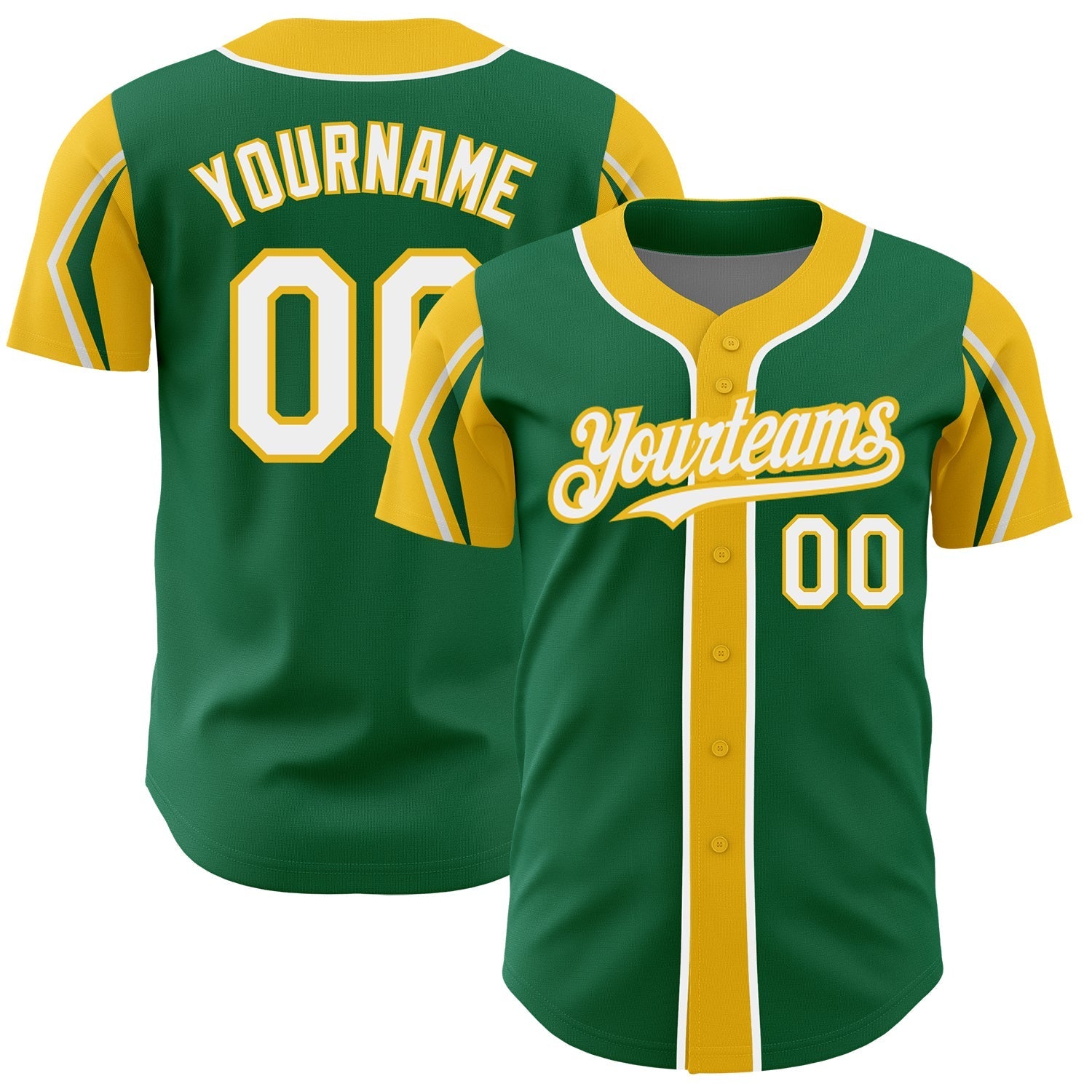 Custom Kelly Green White-Yellow 3 Colors Arm Shapes Authentic Baseball Jersey baseball jersey product view 1