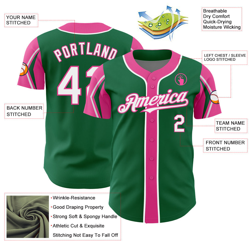 Custom Kelly Green White-Pink 3 Colors Arm Shapes Authentic Baseball Jersey baseball jersey product view 4