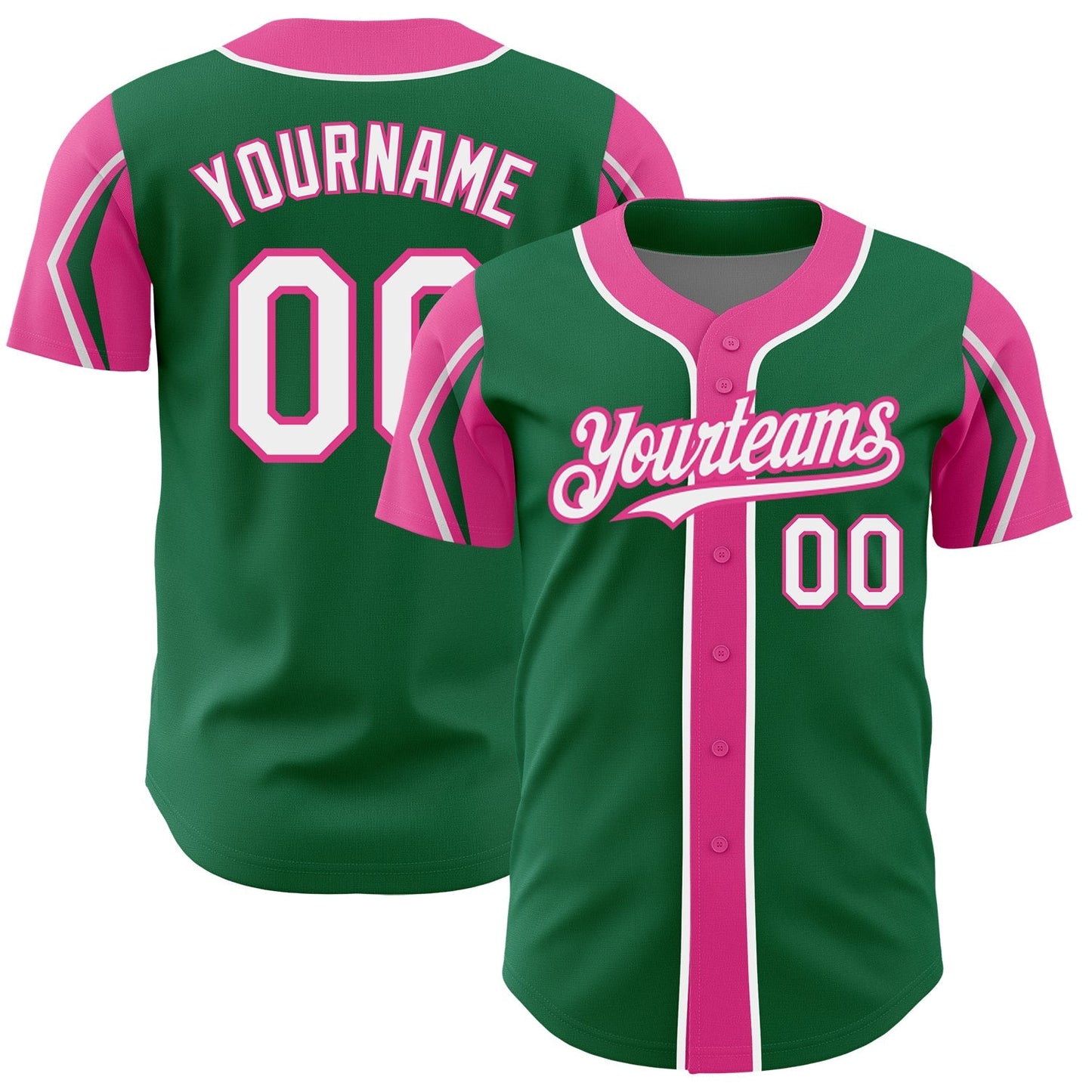 Custom Kelly Green White-Pink 3 Colors Arm Shapes Authentic Baseball Jersey baseball jersey product view 1