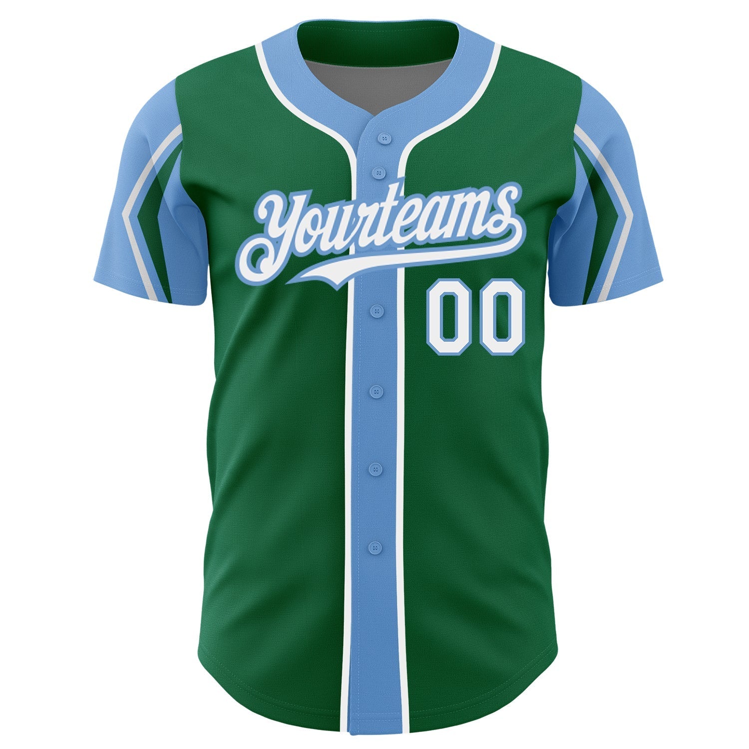 Custom Kelly Green White-Light Blue 3 Colors Arm Shapes Authentic Baseball Jersey baseball jersey product view 3