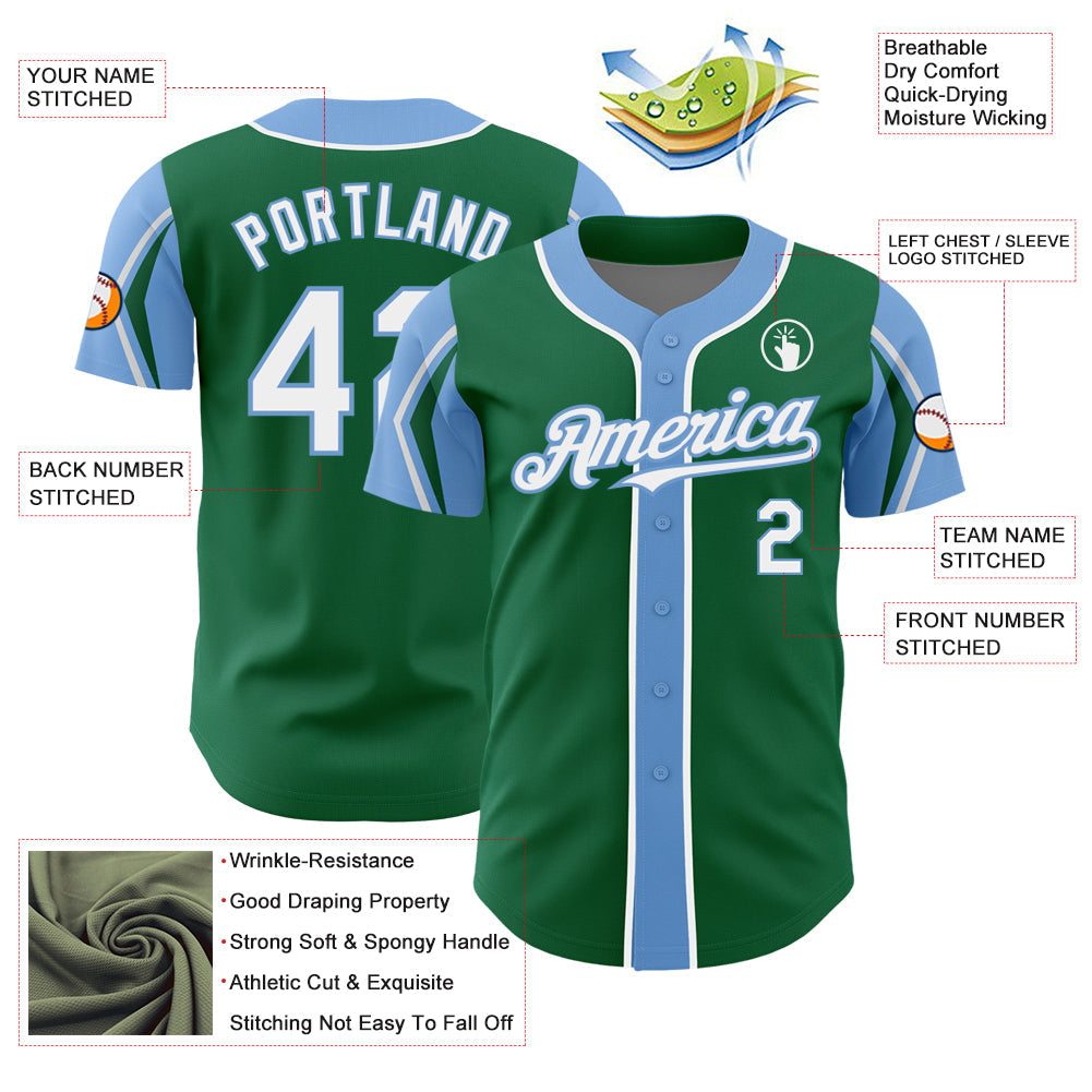 Custom Kelly Green White-Light Blue 3 Colors Arm Shapes Authentic Baseball Jersey baseball jersey product view 4