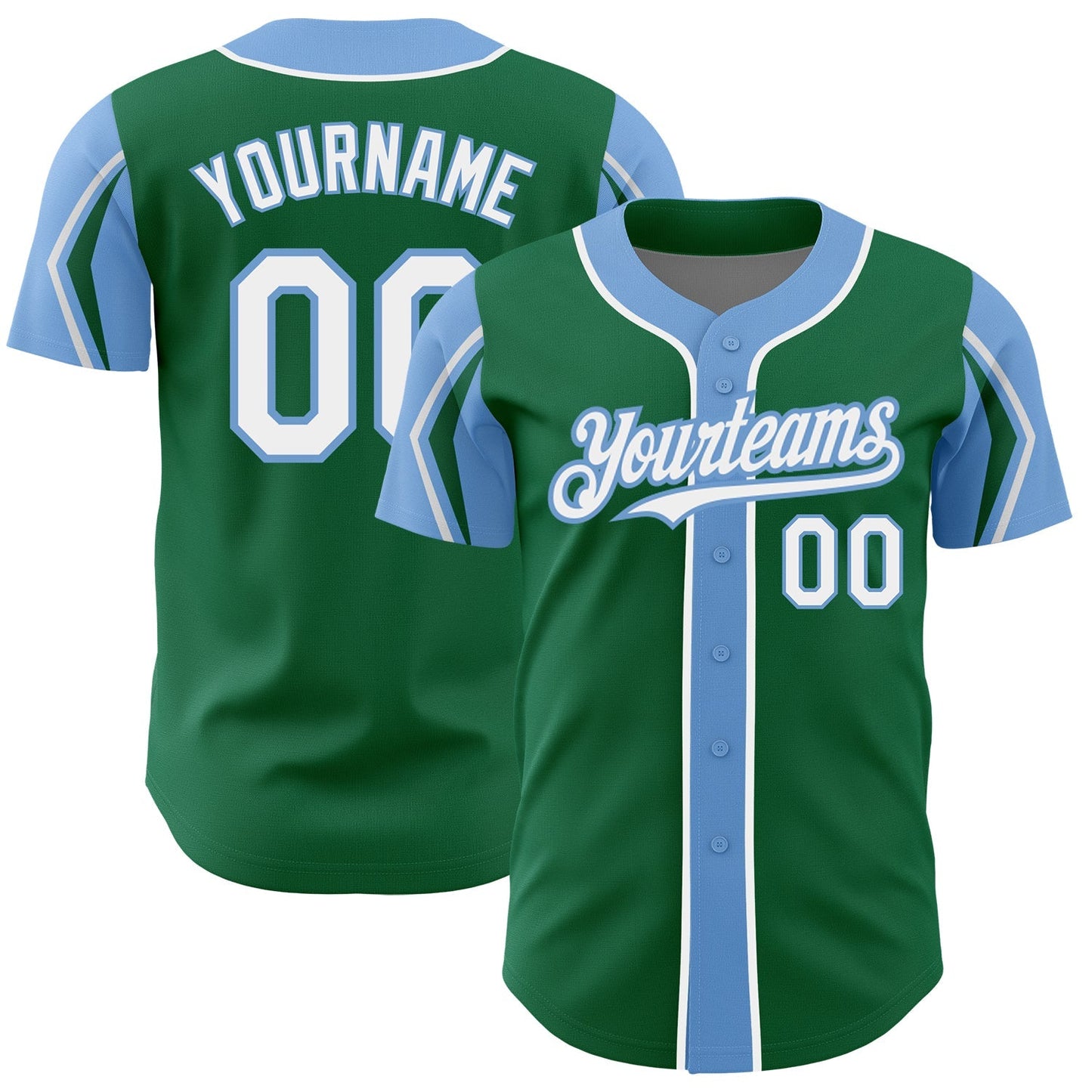 Custom Kelly Green White-Light Blue 3 Colors Arm Shapes Authentic Baseball Jersey baseball jersey product view 1