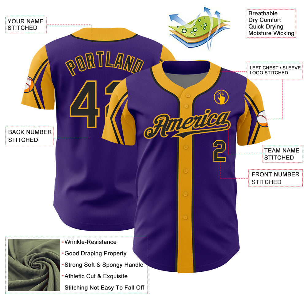 Custom Purple Black-Gold 3 Colors Arm Shapes Authentic Baseball Jersey baseball jersey product view 4