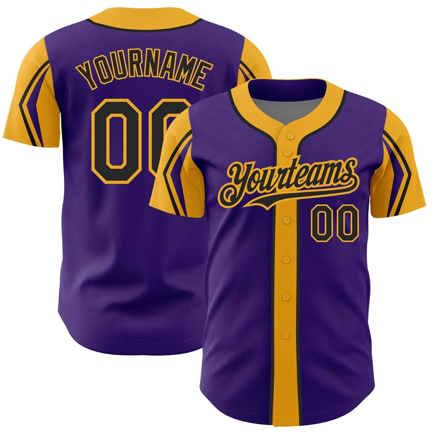 Custom Purple Black-Gold 3 Colors Arm Shapes Authentic Baseball Jersey baseball jersey product view 1
