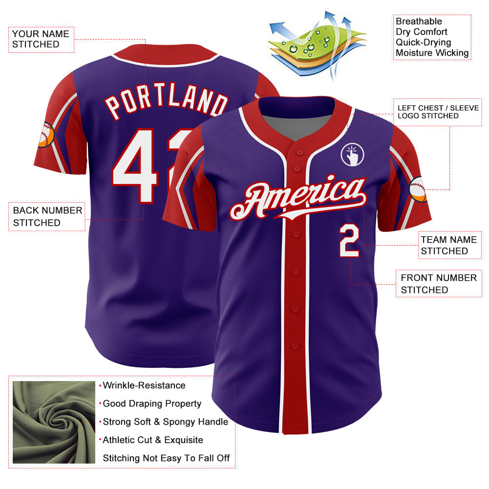 Custom Purple White-Red 3 Colors Arm Shapes Authentic Baseball Jersey baseball jersey product view 4